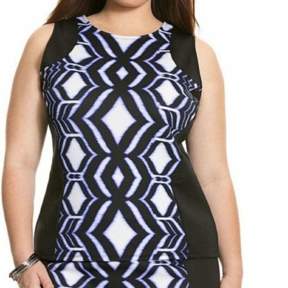 Lane Bryant Top Womens Size 22/24 Black Blue Scuba Knit Sleeveless Top Back Zip